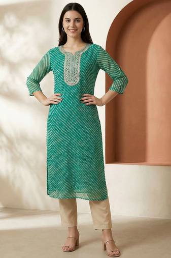 Sea green women leheriya printed sequinned georgette kurta