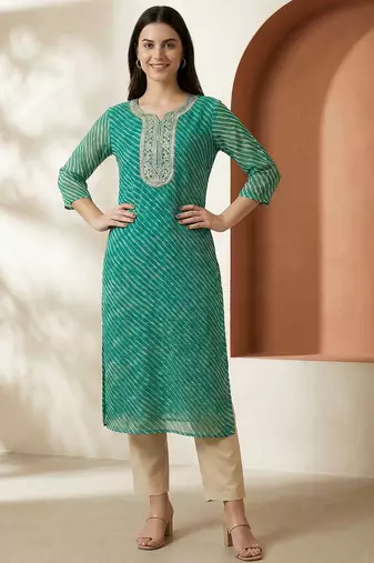 Sea green women leheriya printed sequinned georgette kurta