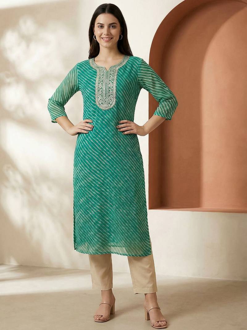 Sea green women leheriya printed sequinned georgette kurta
