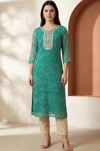 Sea green women leheriya printed sequinned georgette kurta