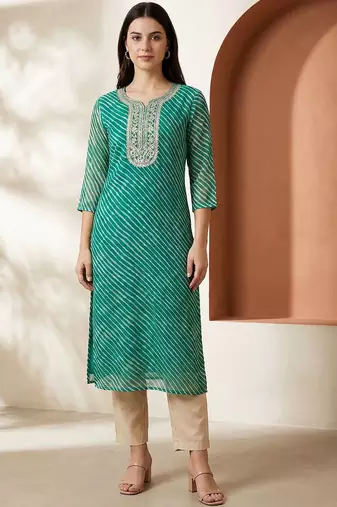 Sea green women leheriya printed sequinned georgette kurta