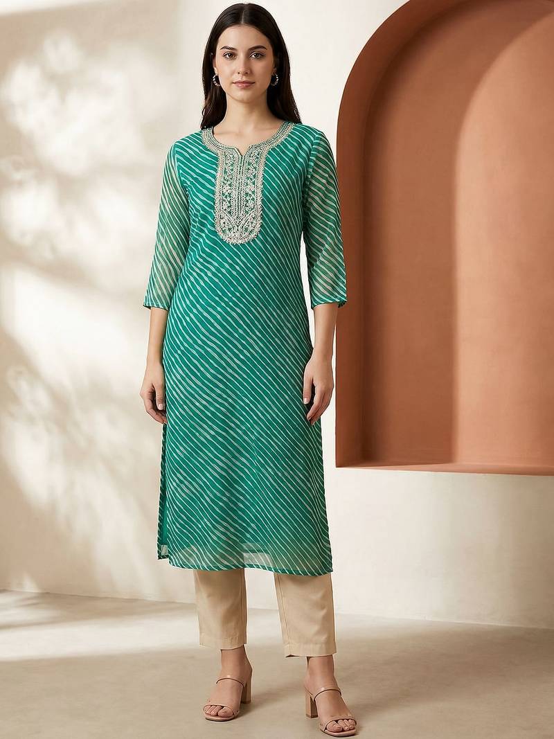 Sea green women leheriya printed sequinned georgette kurta
