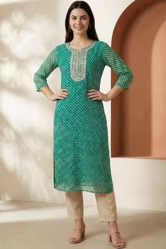 Sea green women leheriya printed sequinned georgette kurta