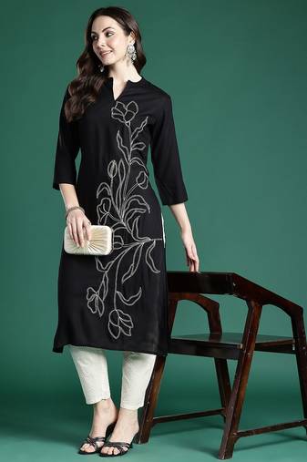 Black floral embroidered thread work floral kurta