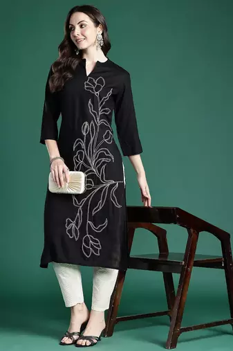 Black floral embroidered thread work floral kurta