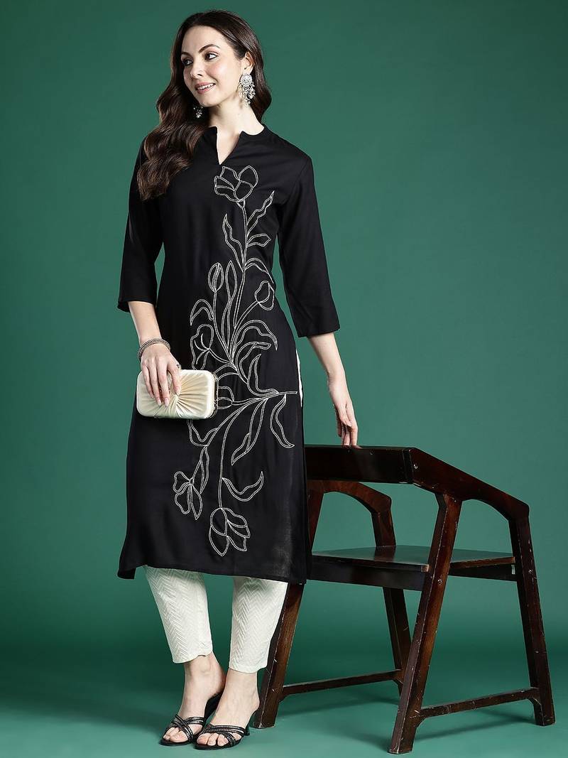 Black floral embroidered thread work floral kurta