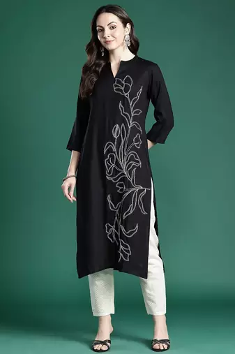 Black floral embroidered thread work floral kurta