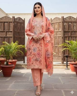 Peach color smart mul cotton fabric designer printed suit for girls 1