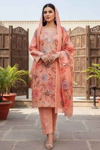 Peach color smart mul cotton fabric designer printed suit for girls