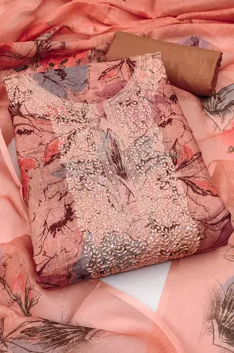 Peach color smart mul cotton fabric designer printed suit for girls