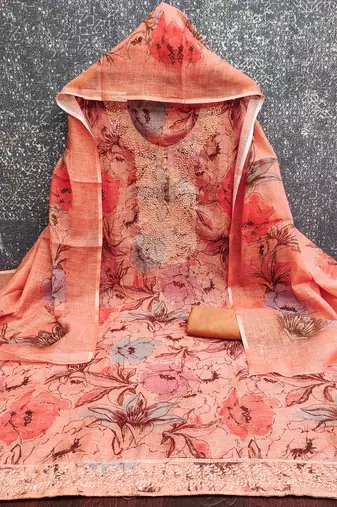 Peach color smart mul cotton fabric designer printed suit for girls