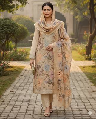 Beige color smart mul cotton fabric designer printed suit for girls 1