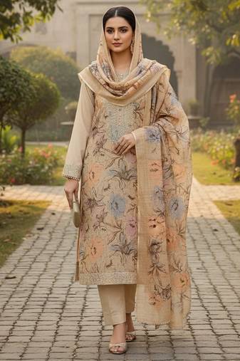 Beige color smart mul cotton fabric designer printed suit for girls