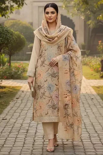 Beige color smart mul cotton fabric designer printed suit for girls