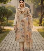 Beige color smart mul cotton fabric designer printed suit for girls