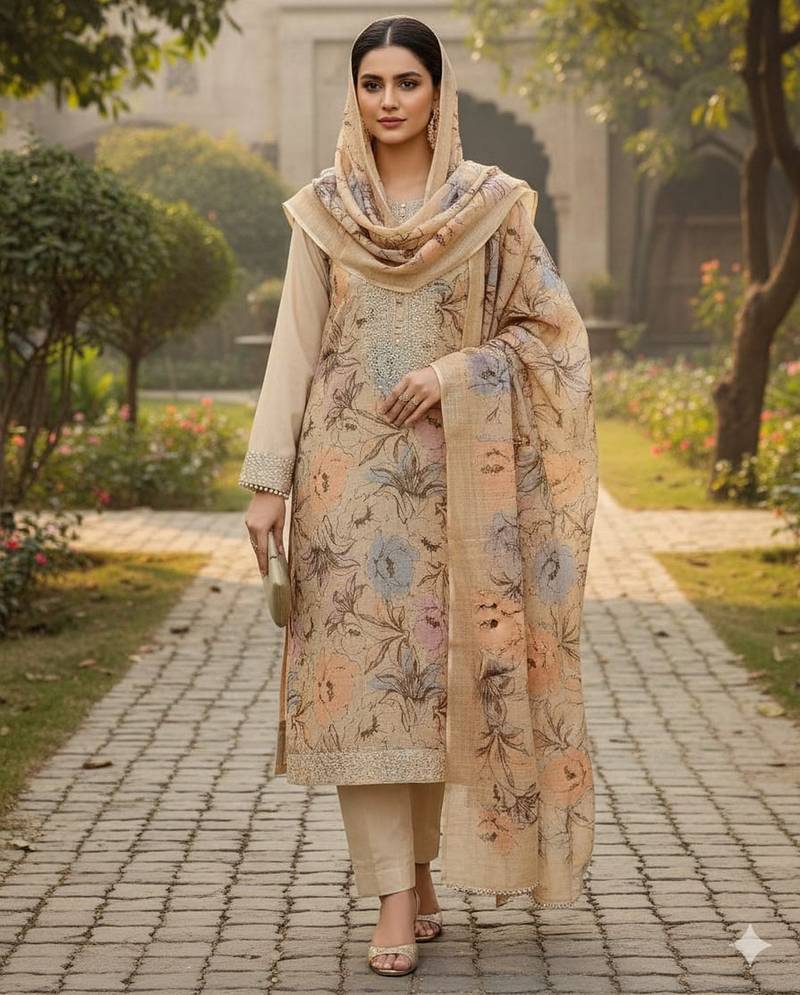 Beige color smart mul cotton fabric designer printed suit for girls