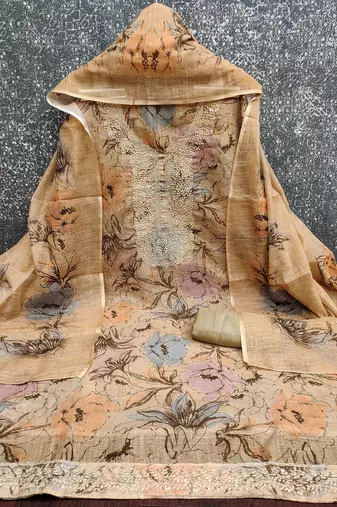 Beige color smart mul cotton fabric designer printed suit for girls