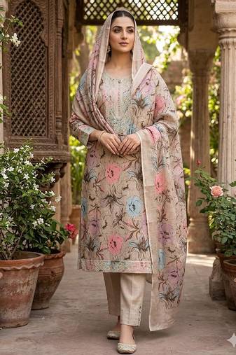 Grey color smart mul cotton fabric designer printed suit for girls