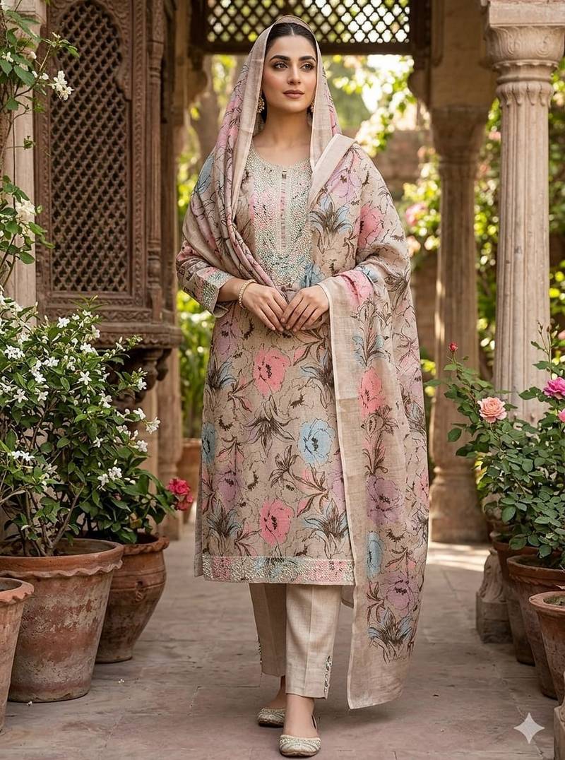 Grey color smart mul cotton fabric designer printed suit for girls