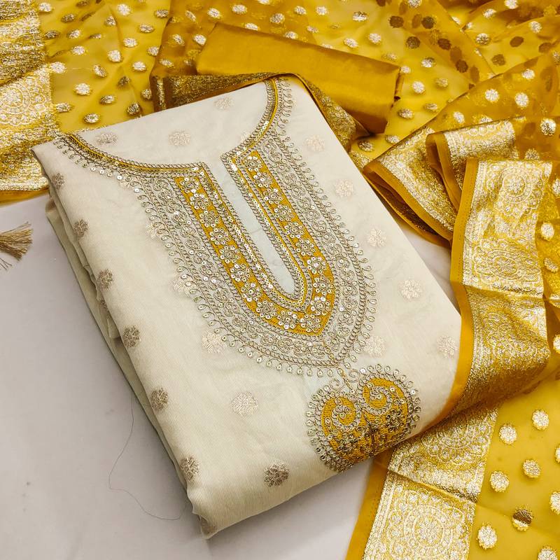 Off white color smart and sophisticated rich party looks simmer jacquard suit