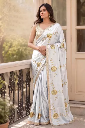 Premium Rangoli Silk Blend Fabrics With Sequence Embroidered Work Saree With Blouse Set 