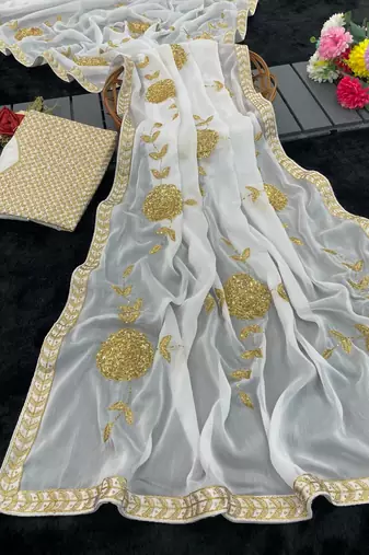 Premium Rangoli Silk Blend Fabrics With Sequence Embroidered Work Saree With Blouse Set 