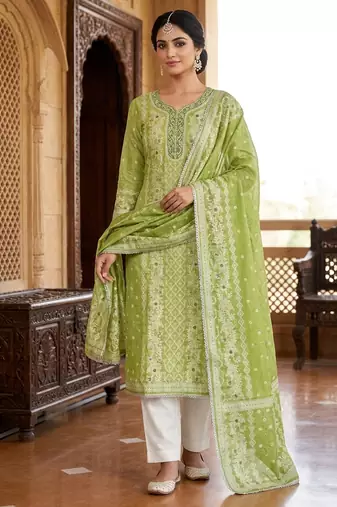Green color smart and ethnic bnarasi cotton salwar kameez