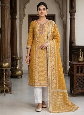 Mustard color smart and ethnic bnarasi cotton salwar kameez 1