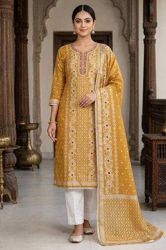 Mustard color smart and ethnic bnarasi cotton salwar kameez