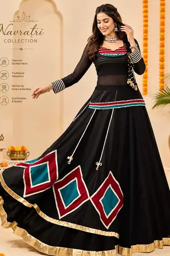 Black Marble Fabric Navratri Lehenga Choli Set with Tunic