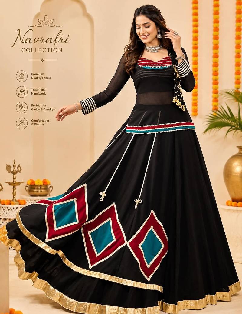 Black Marble Fabric Navratri Lehenga Choli Set with Tunic