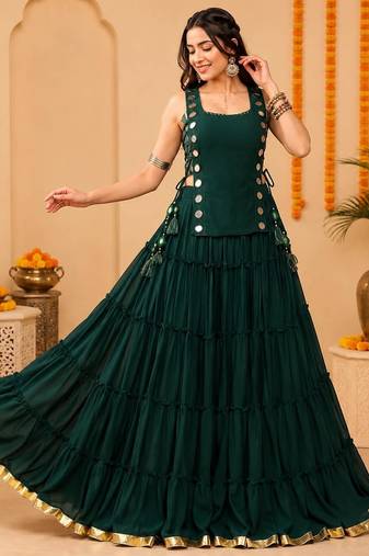 Green Navratri Lehenga Choli Set with Koti & 14 Meter Flair