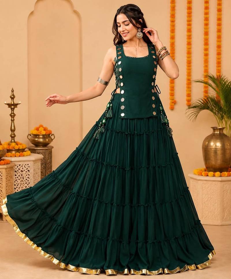 Green Navratri Lehenga Choli Set with Koti & 14 Meter Flair