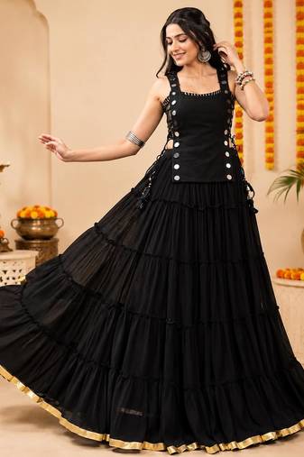 Black Navratri Lehenga Choli Set with Koti & 14 Meter Flair