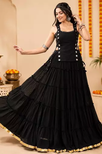 Black Navratri Lehenga Choli Set with Koti & 14 Meter Flair