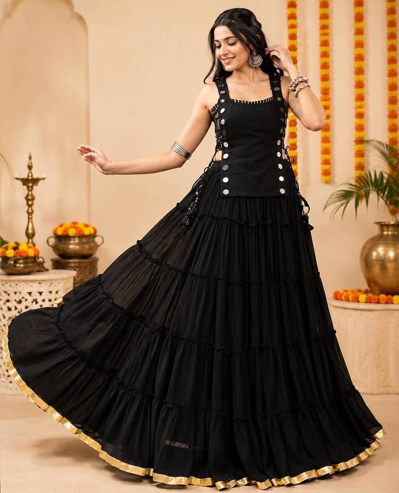 Black Navratri Lehenga Choli Set with Koti & 14 Meter Flair