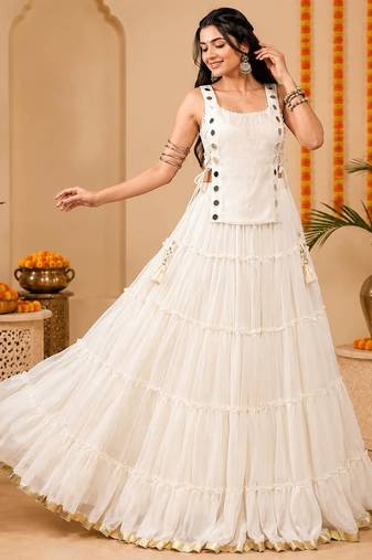 White Navratri Lehenga Choli Set with Koti & 14 Meter Flair