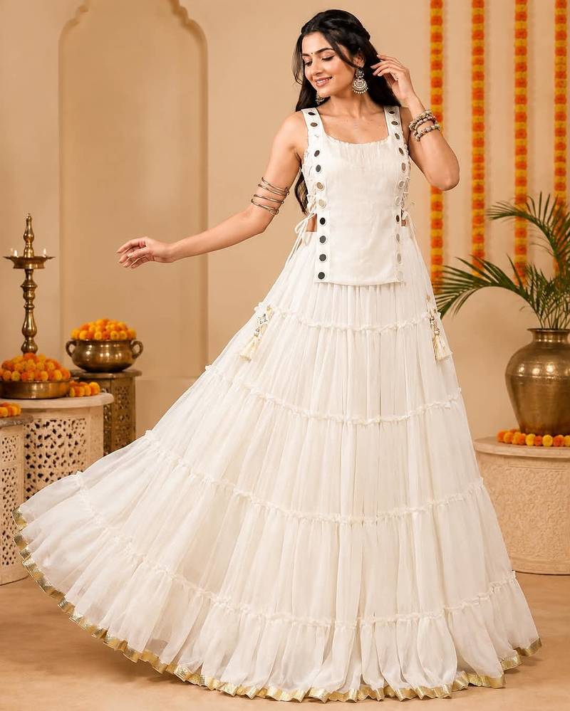 White Navratri Lehenga Choli Set with Koti & 14 Meter Flair