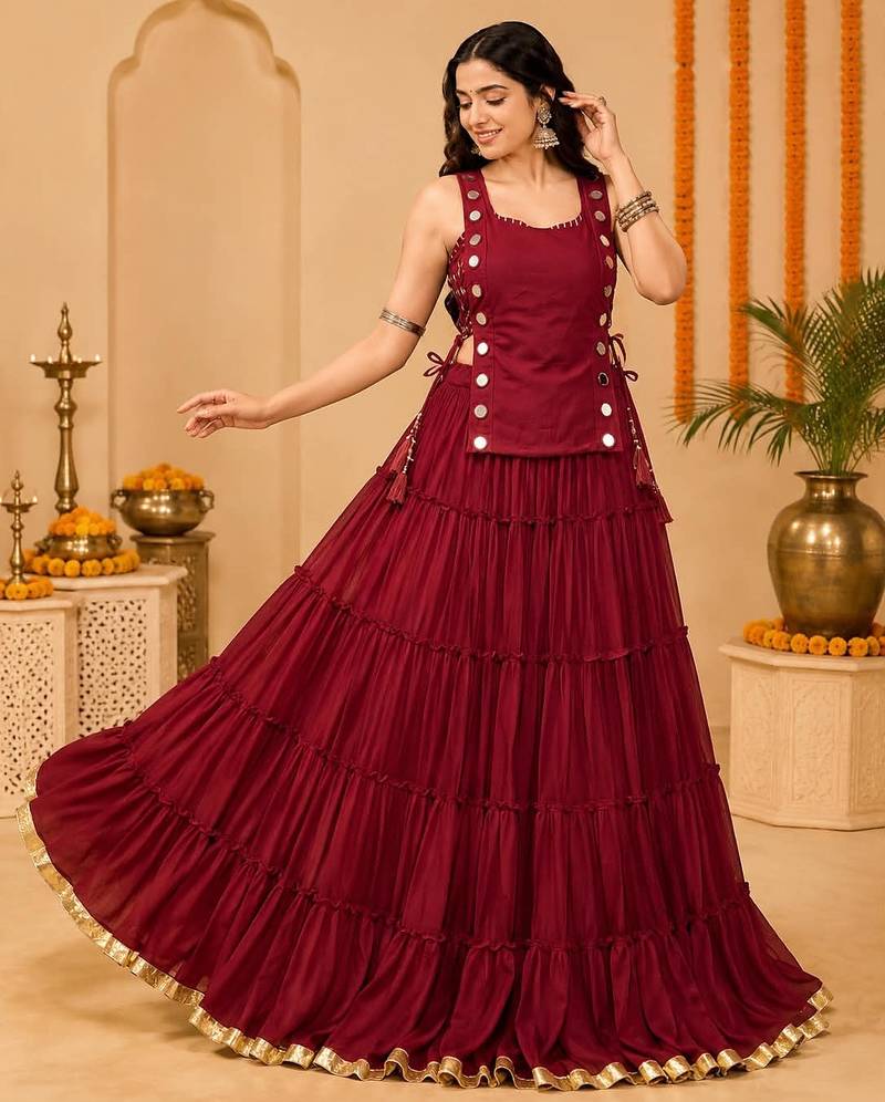 Maroon Navratri Lehenga Choli Set with Koti & 14 Meter Flair