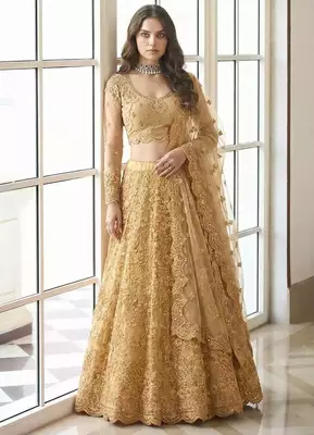  Mustard Yellow indian wedding collection designer net lehenga choli with corded thread work for women's 1