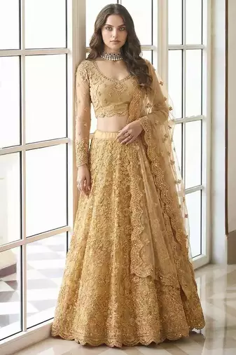  Mustard Yellow indian wedding collection designer net lehenga choli with corded thread work for women's