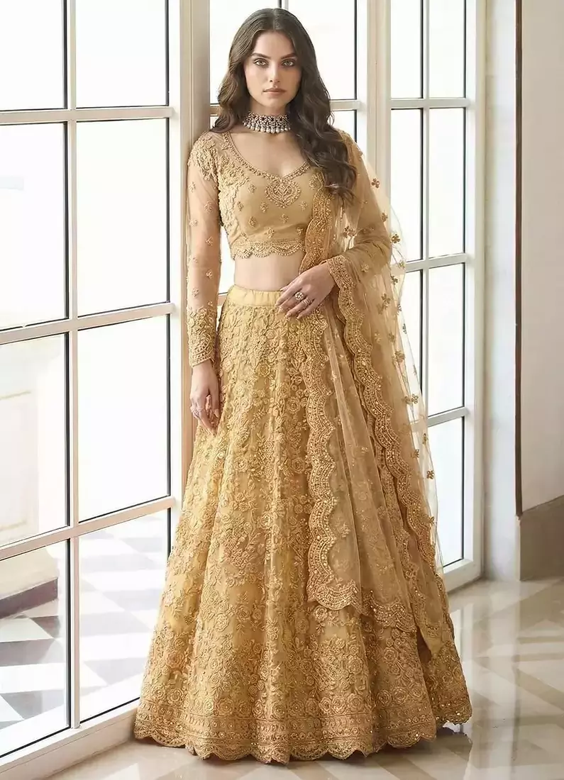 Mustard Yellow indian wedding collection designer net lehenga choli with corded thread work for women's
