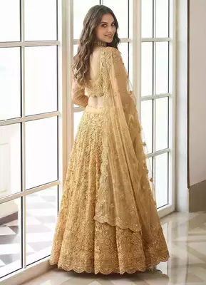  Mustard Yellow indian wedding collection designer net lehenga choli with corded thread work for women's 2