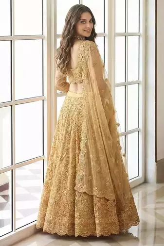  Mustard Yellow indian wedding collection designer net lehenga choli with corded thread work for women's