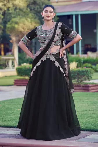 Premium Black Party Wear Lehenga Choli with Floral Border Dupatta