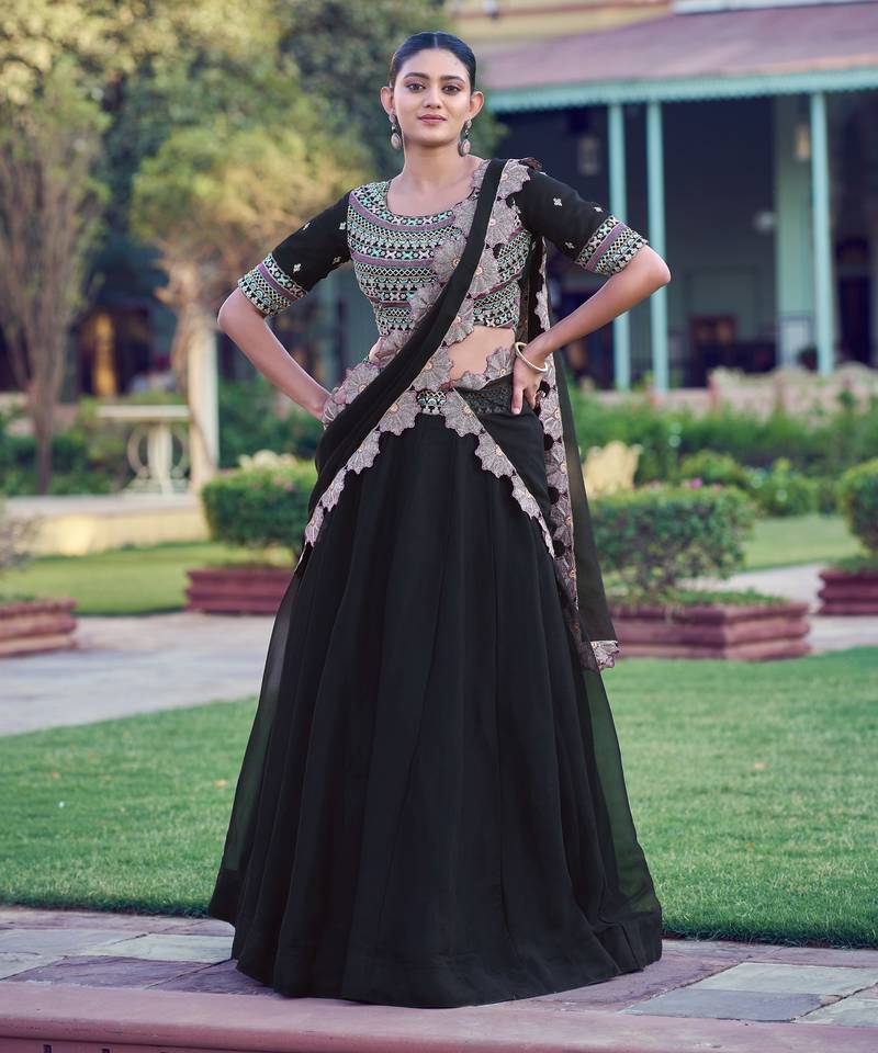Premium Black Party Wear Lehenga Choli with Floral Border Dupatta