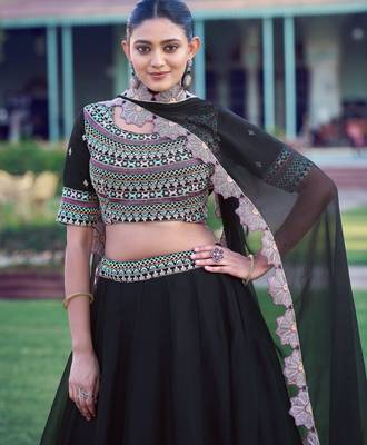 Premium Black Party Wear Lehenga Choli with Floral Border Dupatta 2