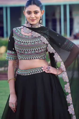 Premium Black Party Wear Lehenga Choli with Floral Border Dupatta