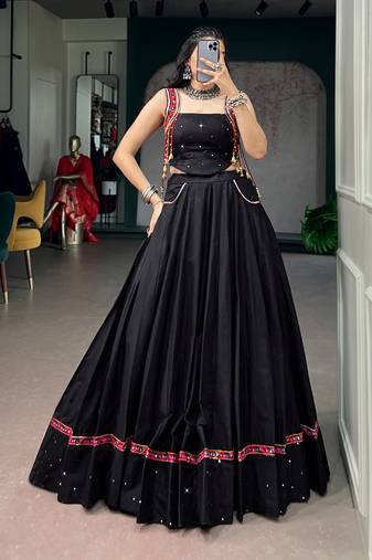 Premium Black Pure Cotton Mirror Work Lehenga with Kutchi Lace & Handmade Tassels