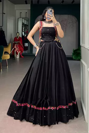 Premium Black Pure Cotton Mirror Work Lehenga with Kutchi Lace & Handmade Tassels